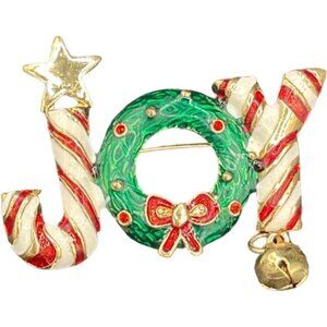 Vintage Gold Tone Joy Christmas Holiday Brooch Candy Cane Wreath Bell Design